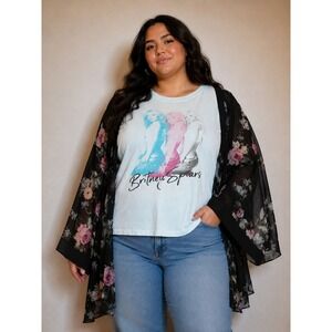 Upcycled Britney Spears Graphic T-Shirt w/ Floral Kimono Sleeves Light Blue O/S